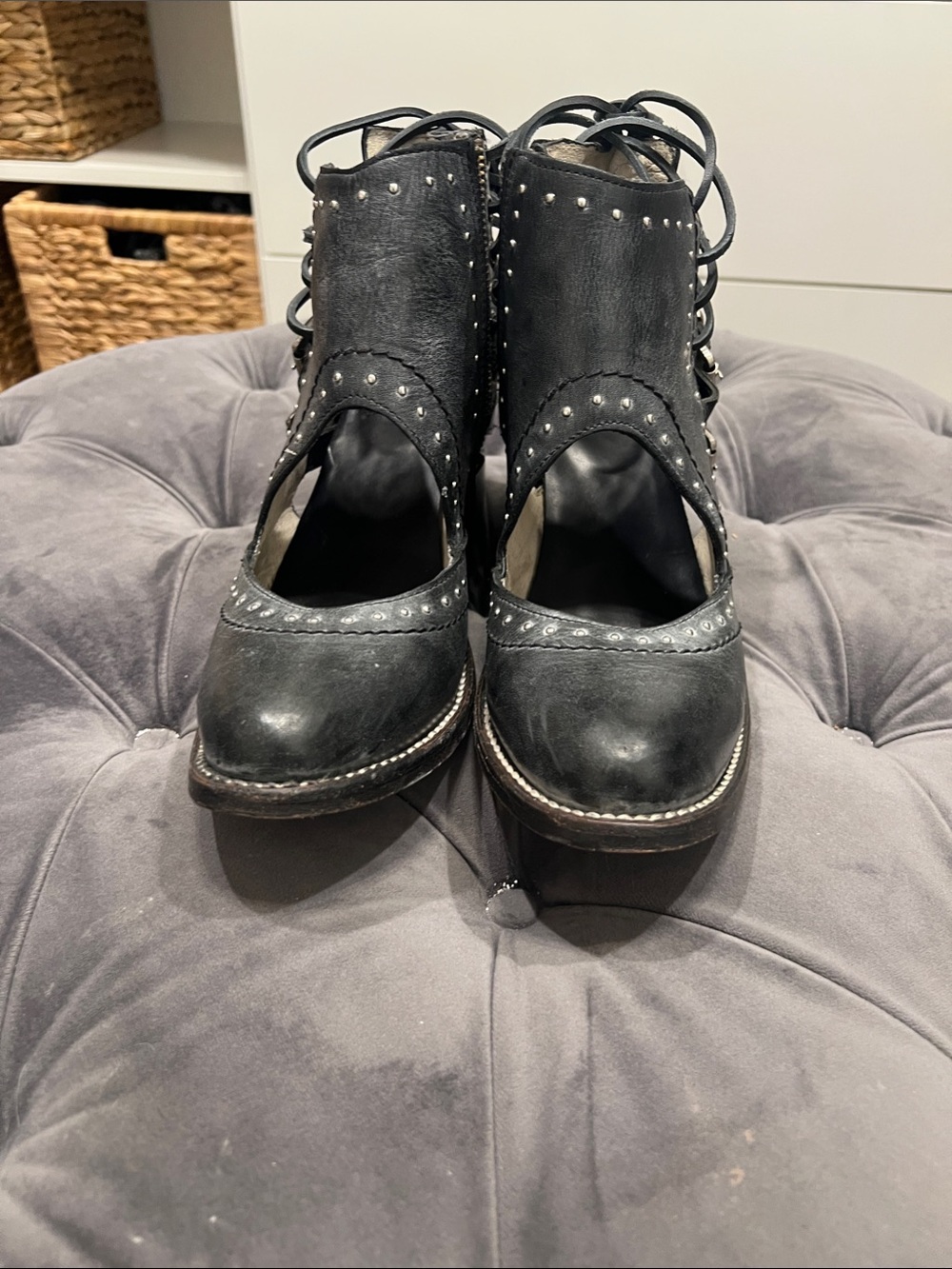 freebird Black Studded Lace-Up Cutout Heels